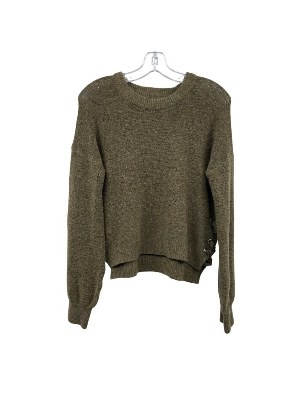 SO Womens Cropped Knit Sweater Lace Up Sides Olive Green Size Small